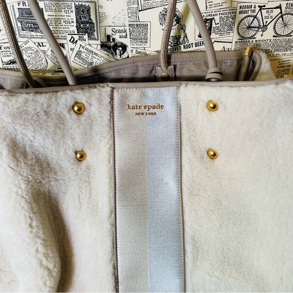 🆕 Kate Spade Everything Racing Stripe Faux Shearling Large Tote Cream Multi Bag - Picture 8 of 11